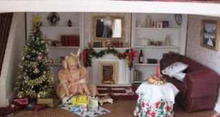 Yule Lodge,Living room,christmas,tree,cards,gift wrap