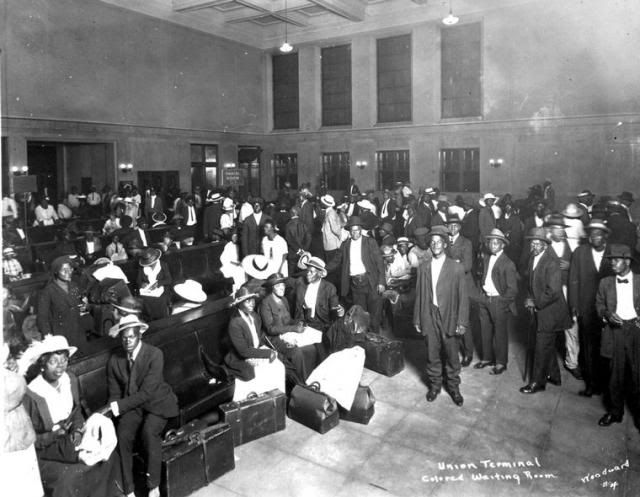 Men, women, and families waiting for the train north at the Union Railroad Depot in Jacksonville, Florida, 1921