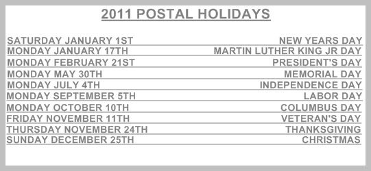 usps holidays 2011. 2011 USPS Holidays